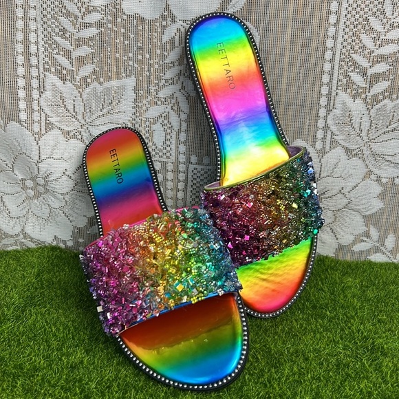 Eettaro Shoes - Crystal Embellished Glitter Shiny Rainbow Sparkly Slip On Sandal Slide